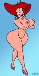  2021 anthro areola arm_under_breasts artist_name big_breasts black_nose blue_background breasts canid canine canis clothing diraulus disney domestic_dog ear_piercing ear_ring eyebrows eyelashes featureless_crotch female footwear goof_troop hair hi_res high_heels mammal mostly_nude navel nipples peg_pete piercing pink_areola pink_nipples red_hair ring_piercing shoes short_hair simple_background smile solo standing wide_hips 