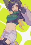  1girl arm_up black_gloves black_hair breasts brown_eyes commentary_request cropped_sweater detached_sleeves final_fantasy final_fantasy_vii final_fantasy_vii_remake fingerless_gloves gloves green_sweater hand_up hao_xiang_yishui_bu_xing headband highres looking_at_viewer medium_breasts midriff navel open_fly open_hand open_mouth short_hair shorts single_detached_sleeve single_shoulder_pad sleeveless sleeveless_turtleneck solo sweater turtleneck turtleneck_sweater yuffie_kisaragi 