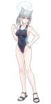  1girl absurdres animal_ear_fluff animal_ears black_one-piece_swimsuit blue_archive blue_eyes breasts competition_swimsuit covered_navel cross_hair_ornament extra_ears full_body grey_hair hair_ornament halo highres looking_at_viewer low_ponytail medium_breasts medium_hair mismatched_pupils multicolored_clothes multicolored_swimsuit official_alternate_costume one-piece_swimsuit sandals shiroko_(blue_archive) shiroko_(swimsuit)_(blue_archive) simple_background solo swimsuit tattered_helmet_(polan_kui) white_background wolf_ears 