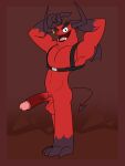  balls demon demon_(rat_snacks) foreskin genitals half-erect harness hi_res horn humanoid looking_at_viewer male one_eye_closed penis pinup pose rat_snacks red_body red_skin retracted_foreskin solo tail tyrannosharkusrex wings wink winking_at_viewer 