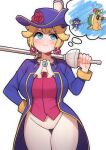  aristocratic_clothes ascot blonde_hair blue_coat blue_eyes blue_headwear bowser breasts coat creeeen_jjang earrings flower hat hat_flower highres holding holding_sword holding_weapon jewelry large_breasts long_hair mario_(series) pants ponytail princess_peach princess_peach:_showtime! rapier red_vest smile sphere_earrings sword swordfighter_peach thought_bubble vest weapon white_ascot white_background white_pants x_x 