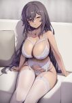  1girl :o blurry blurry_background bra breasts brown_eyes brown_hair copyright_request couch dark_skin feet_out_of_frame half-closed_eyes highres itaco large_breasts legs_together lingerie long_hair looking_at_viewer navel panties pillow sitting thick_thighs thighhighs thighs underwear white_bra white_panties white_thighhighs 