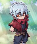  1boy arms_behind_back black_kimono bush closed_mouth day grass grey_hair hair_between_eyes japanese_clothes kimono league_of_legends looking_at_viewer male_focus no_headwear orange_eyes outdoors phantom_ix_row red_scarf scarf short_hair solo torn_scarf zed_(league_of_legends) 