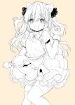  1girl animal_ear_fluff animal_ears apron blush bow bowtie cat_ears cowboy_shot dress embarrassed frilled_dress frills hair_bow highres long_hair maid monochrome mutou_mato open_mouth original short_sleeves simple_background solo sweat thighhighs two_side_up wrist_cuffs zettai_ryouiki 