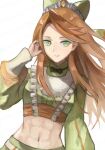  1girl abs closed_mouth etie_(fire_emblem) fire_emblem fire_emblem_engage green_eyes long_hair looking_at_viewer mai_yukari midriff orange_hair parted_bangs solo swept_bangs upper_body 