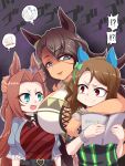  ! !? 3girls animal_ears book breasts brown_hair delraich66 ear_covers hand_on_another&#039;s_head hand_on_another&#039;s_neck height_difference highres holding holding_book horse_ears horse_girl kawakami_princess_(umamusume) king_halo_(umamusume) large_breasts long_hair looking_at_another menacing_(jojo) multiple_girls red_eyes rigantona_(umamusume) shaded_face speech_bubble umamusume wavy_hair 