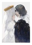  1boy a_midsummer_night&#039;s_dream black_hair blue_eyes bridal_veil cape collared_shirt crown diamond_hairband dress fate/grand_order fate_(series) fur-trimmed_cape fur_trim highres male_focus medium_hair oberon_(fate) oberon_(third_ascension)_(fate) shirt simple_background surume_(su1193) titania_(a_midsummer_night&#039;s_dream) upper_body veil wedding_dress white_background white_dress white_shirt white_veil 