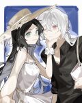  1boy 1girl albino black_hair black_shirt blue_eyes collared_shirt dress fata_morgana_no_yakata giselle_(fata_morgana_no_yakata) hand_on_another&#039;s_chin haobuguniao hat highres long_hair michel_bollinger one_eye_closed red_eyes shirt sleeveless sleeveless_dress smile sun_hat white_bag white_dress white_hair 