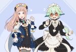  2girls adricarra alternate_costume apron artist_name blue_eyes blunt_bangs blush breasts brown_eyes commentary cosplay costume_switch cowboy_shot crossover embarrassed enmaided felicia_(fire_emblem) felicia_(fire_emblem)_(cosplay) fire_emblem fire_emblem_fates garter_belt genshin_impact glasses grey_thighhighs hands_up highres juliet_sleeves light_brown_hair long_sleeves maid maid_apron maid_headdress multiple_girls open_mouth puffy_sleeves semi-rimless_eyewear small_breasts smile sucrose_(genshin_impact) sucrose_(genshin_impact)_(cosplay) teeth thighhighs upper_teeth_only vision_(genshin_impact) 