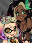  2girls alex_ahad breasts collarbone dark-skinned_female dark_skin highres lips looking_at_viewer marina_(splatoon) mole mole_under_mouth multiple_girls pearl_(splatoon) smile splatoon_(series) splatoon_2 zipper 