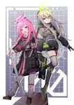  2girls animal_ears black_dress black_footwear black_gloves black_jacket cat_ears close_game/offline_(project_sekai) dress energy_gun erao gloves green_hair grey_thighhighs gun hair_between_eyes hair_flaps halo hammer highres holding holding_gun holding_hammer holding_weapon jacket kusanagi_nene long_hair long_sleeves mechanical_ears mechanical_halo multiple_girls ootori_emu open_mouth pink_eyes pink_hair pouch project_sekai purple_eyes rabbit_ears shoes sidelocks thighhighs very_long_hair weapon 