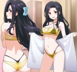  1girl ass bikini black_bikini black_hair breasts circle_cutout cleavage cleavage_cutout clothing_cutout contrapposto cowboy_shot from_behind half_updo large_breasts layered_bikini long_hair looking_at_viewer looking_back mahouka_koukou_no_rettousei multiple_views red_eyes saegusa_mayumi standing sumi_(shibata3gb) swimsuit thong_bikini towel 