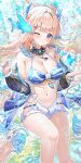  1girl :o absurdres alternate_costume bikini blue_bikini blue_eyes blue_gemstone blue_hair blue_nails blunt_bangs blush bow-shaped_hair breasts bubble choker cleavage collarbone colored_tips dappled_sunlight detached_sleeves feet_out_of_frame fish frilled_sleeves frills gem genshin_impact gradient_hair halterneck hands_up highres jewelry kiramarukou knee_up lace-trimmed_choker lace_trim long_hair medium_breasts mismatched_bikini multicolored_hair navel one_eye_closed open_mouth pink_hair pink_nails romaji_commentary sangonomiya_kokomi see-through see-through_sleeves sidelocks solo stomach submerged sunlight swimsuit two-tone_nails underwater vision_(genshin_impact) water white_bikini 