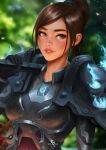  1girl armor artist_name avatar_(wow) blue_eyes blurry blurry_background breastplate brown_hair commission dutch_angle highres lips long_hair looking_at_viewer nixri outdoors over_shoulder parted_lips short_hair short_ponytail shoulder_armor solo upper_body warcraft weapon weapon_over_shoulder world_of_warcraft 