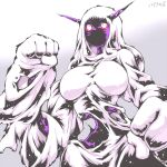  1girl breasts clenched_hand colored_skin commentary english_commentary ghost hand_on_own_hip hataraki_ari highres horns large_breasts long_hair monster_girl original purple_skin red_eyes signature solo upper_body white_hair 