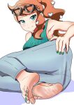  1girl aqua_eyes aqua_shirt armpits bare_shoulders barefoot blue_pants blush breasts closed_mouth denim eyelashes eyewear_on_head feet foreshortening full_body green_nails hair_ornament heart heart_hair_ornament jeans large_breasts long_hair lying nail_polish nush_advance on_side orange_hair pants pokemon pokemon_(game) pokemon_swsh ponytail ribbed_shirt shadow shirt single_sidelock sleeveless sleeveless_shirt smile soles solo sonia_(pokemon) swept_bangs toenail_polish toenails toes 