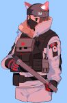  1girl absurdres animal_ear_fluff animal_ears black_eyes black_headwear black_mask blue_background brown_hair canadian_flag cat_ears cropped_legs frost_(rainbow_six_siege) gloves hat high_collar highres holding holding_weapon jacket long_sleeves looking_at_viewer mask mouth_mask ningensei rainbow_six_siege short_hair simple_background solo tactical_clothes weapon woollen_cap 