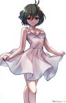  1girl bare_shoulders black_hair blush breasts curtsey dress frilled_dress frills highres kaban_(kemono_friends) kemono_friends light_smile looking_at_viewer medium_breasts riro_(breakthrough_rr) short_hair signature sleeveless sleeveless_dress smile solo sundress white_dress 