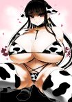  1girl animal_ears animal_print ass_visible_through_thighs bell bikini blunt_bangs breasts cleavage collarbone commentary_request cow_ears cow_print detached_collar elbow_gloves flying_sweatdrops gloves haseru_(ginku_mh) heart heart-shaped_pupils huge_breasts long_hair looking_at_viewer mole mole_on_breast mole_on_thigh mole_under_mouth navel neck_bell original pink_background simple_background solo squatting swimsuit symbol-shaped_pupils thighhighs 