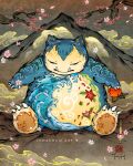  artist_name branch claws closed_eyes closed_mouth food holding holding_food lunaurum mountain no_humans pokemon pokemon_(creature) signature sitting snorlax tusks waves 
