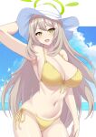  1girl :d arm_behind_head arm_up bikini blonde_hair blue_archive blush breasts contrapposto cowboy_shot green_eyes halo hat highres large_breasts long_hair looking_at_viewer nanao_(naoekaki25) navel nonomi_(blue_archive) nonomi_(swimsuit)_(blue_archive) open_mouth smile solo stomach sun_hat swimsuit very_long_hair white_headwear yellow_bikini 