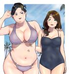  2girls arm_around_waist belmeria_winston bikini black_hair blue_eyes breasts brown_hair cleavage feng_jun gundam gundam_suisei_no_majo hand_on_another&#039;s_shoulder highres kenken28937178 large_breasts mature_female multiple_girls one-piece_swimsuit palm_tree plump scar scar_on_stomach smile swimsuit tree 