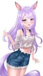  1girl absurdres alternate_costume animal_ears bare_shoulders blush commentary_request cowboy_shot denim denim_shorts highres horse_ears horse_girl horse_tail long_hair looking_at_viewer mejiro_mcqueen_(umamusume) midriff navel off-shoulder_shirt off_shoulder open_mouth purple_eyes purple_hair shirt shorts simple_background smile solo tail tsuyusora umamusume white_background white_shirt 