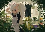  1girl absurdres animal_ears blush cat_ears clothesline flower hand_in_own_hair highres kgt_(pixiv12957613) laundry long_hair maid original pink_flower purple_eyes purple_flower solo standing tulip white_hair window yellow_flower 