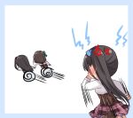  3girls anger_vein assault_lily blue_border blue_bow boots border bow brown_footwear brown_skirt chasing chibi commentary corset covered_eyes facing_away fleeing frilled_skirt frills green_ribbon hair_bobbles hair_ornament hair_ribbon hand_up haneda_catalina_mei high_ponytail houjou_monica_asahi leg_up lightning_bolt_symbol long_hair long_sleeves ludvico_private_girls&#039;_academy_school_uniform medium_hair miniskirt multiple_girls nigari_(ngari_0115) one_side_up outside_border ribbon running saeki_julia_karen school_uniform shirt side_ponytail skirt speed_lines underbust white_background white_shirt 