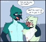  anthro avian beak bird blush bust_portrait chest_tuft dialogue duo feathers green_body green_feathers hi_res jericho_(valthelewdtino) male male/male nipples non-mammal_nipples nude open_beak open_mouth portrait red_eyes scuted_arms scutes seductive speech_bubble suggestive tuft valthelewdtino 