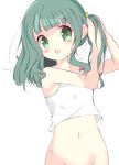  1girl :o arms_up bare_arms bare_shoulders blunt_bangs blush bottomless bow breasts camisole crop_top futaba_sana green_eyes green_hair hairdressing hand_in_own_hair inasa_orange mahou_shoujo_madoka_magica medium_hair navel open_mouth red_bow side_ponytail sidelocks sideways_glance simple_background small_breasts solo upper_body wavy_hair white_background white_camisole 