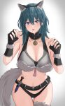  1girl absurdres alternate_costume animal_ears arms_up black_gloves blue_eyes blue_hair bra breasts byleth_(female)_(fire_emblem) byleth_(fire_emblem) fake_animal_ears fingerless_gloves fire_emblem fire_emblem:_three_houses fur-trimmed_bra fur_trim gloves highres jewelry looking_at_viewer medium_breasts navel parted_lips peli_cantaro pendant solo tail underwear wolf_ears wolf_tail 