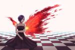  1girl bare_arms bare_shoulders black_dress black_sclera breasts checkered_floor collarbone colored_sclera dress hair_over_one_eye highres kagune_(tokyo_ghoul) kirishima_touka large_breasts mythicat purple_hair red_eyes red_wings short_hair solo tokyo_ghoul torn_wings white_background wings 