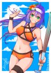  1girl bikini breasts cloud fire_emblem fire_emblem:_path_of_radiance fire_emblem:_radiant_dawn fire_emblem_heroes flower green_eyes grin hair_flower hair_ornament highres holding looking_at_viewer mia_(fire_emblem) mia_(summer)_(fire_emblem) orange_bikini purple_hair smile solo swimsuit taguchi_(igutiguti) thigh_strap waving 