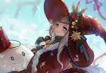  1girl alternate_costume brown_hair bucket capelet christmas fur-trimmed_capelet fur_trim hat highres looking_back nier_(series) nier_reincarnation pleated_skirt purple_eyes roselikestea saryu_(nier) scarf sitting skirt smile snow_on_headwear snowing snowman solo teeth thighhighs witch witch_hat 