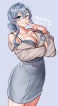  1girl absurdres blue_background blue_bra blue_eyes blue_hair bra breasts cleavage cowboy_shot dated feet_out_of_frame finger_to_mouth gotland_(kancolle) grey_jacket grey_skirt hair_bun highres jacket kantai_collection katou_shinobu large_breasts long_hair mole mole_under_eye one-hour_drawing_challenge one_eye_closed pencil_skirt simple_background single_hair_bun skirt solo twitter_username underwear 