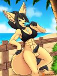  beach bottomless canid canine clothed clothing fenavi_montaro food fox genitals gynomorph herm_(lore) hi_res intersex lamont786 looking_at_viewer mammal muscular penis popsicle seaside 