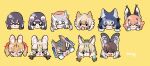  6+girls absurdres african_penguin_(kemono_friends) animal_ears bat_ears black_hair blonde_hair blue_hair brown_hair brown_long-eared_bat_(kemono_friends) caracal_(kemono_friends) caracal_ears cat_ears chipmunk_ears coyote_(kemono_friends) cthun_n dire_wolf_(kemono_friends) geoffroy&#039;s_cat_(kemono_friends) grey_hair highres humboldt_penguin_(kemono_friends) island_fox_(kemono_friends) jungle_cat_(kemono_friends) kemono_friends kemono_friends_v_project large-spotted_genet_(kemono_friends) long_hair looking_at_viewer multiple_girls orange_hair short_hair siberian_chipmunk_(kemono_friends) simple_background virtual_youtuber wolf_ears yellow_background 