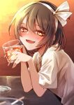  1girl absurdres alcohol ashtray blush brown_eyes brown_hair cigarette collared_shirt cup drinking_glass hair_between_eyes hairband highres holding holding_cup ice kinese_(katasutorohu) looking_at_viewer open_mouth shirt short_hair short_sleeves smile solo touhou upper_body usami_renko whiskey white_hairband white_shirt 