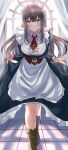  1girl absurdres apron azur_lane black_dress blue_eyes boots breasts brown_corset brown_footwear brown_hair center_frills clothes_lift collar corset curacoa_(azur_lane) dress dress_lift frilled_apron frills full_body highres large_breasts long_hair looking_at_viewer maid maid_apron maid_headdress minestrone_takizawa necktie red_necktie short_necktie skirt_hold solo walking white_apron 