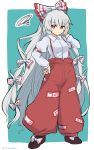  1girl black_footwear blue_background bow closed_mouth collared_shirt commentary footwear_bow fujiwara_no_mokou full_body grey_hair hair_bow highres long_hair long_sleeves looking_at_viewer looking_to_the_side ofuda ofuda_on_clothes pants ramudia_(lamyun) red_eyes red_pants shirt solo squiggle standing suspenders touhou very_long_hair white_bow white_shirt 