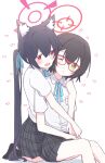  2girls 2o1_(nogarudo203) animal_ear_fluff animal_ears ayane_(blue_archive) black_hair black_socks blue_archive blue_ribbon blush braid cat_ears collared_shirt cuddling double-parted_bangs feet_out_of_frame glasses hair_between_eyes hair_ribbon halo heads_together heart highres hug hug_from_behind id_card kneeling long_hair loving_aura multiple_girls neck_ribbon one_eye_closed open_mouth parted_lips plaid plaid_skirt pointy_ears red-framed_eyewear red_eyes red_halo ribbon school_uniform serika_(blue_archive) shirt short_hair sitting skirt socks twintails white_background white_shirt yellow_eyes yuri 