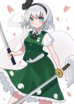  1girl black_hairband cherry_blossoms closed_mouth collared_shirt commentary ghost green_eyes green_skirt green_vest grey_hair hairband highres holding holding_sword holding_weapon konpaku_youmu konpaku_youmu_(ghost) looking_at_viewer looking_back machimo multiple_swords shirt short_hair short_sleeves simple_background skirt solo sword touhou vest weapon white_background white_shirt youmu_day 