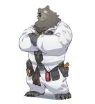  1boy animal_ears bara bear_boy bear_ears ben_bigger black_claws black_sclera brown_shirt claws colored_sclera crossed_arms furry furry_male hashtag_only_commentary highres looking_at_viewer loss_kim male_focus pants scar scar_on_face shirt suit tool_belt white_background white_pants white_suit zenless_zone_zero 