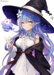  1girl blue_hair blue_nails breasts cleavage daifuku_(yukihana_lamy) dress flower ghost_costume hair_flower hair_ornament hat highres hololive large_breasts long_hair pointy_ears smile snowflake_print virtual_youtuber white_background witch_hat yellow_eyes yukihana_lamy 