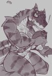  anthro blush breasts c3ilin capcom cleavage clothed clothing eating eating_food exclamation_point female flying_wyvern green_eyes greyscale hi_res kneeling looking_at_viewer meat_on_bone monochrome monster_hunter muscular muscular_anthro muscular_female non-mammal_breasts scalie sketch solo tigrex 