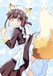  1girl alternate_costume animal_ear_fluff animal_ears blue_background blue_hair blunt_bangs brown_eyes brown_hair clothes_lift commentary enmaided fox_ears fox_girl fox_tail frills from_behind heart highres hozuki_momiji inconvenient_tail kemonomimi_mode large_tail long_sleeves looking_at_viewer looking_back maid maid_headdress multicolored_hair nuurise2023 onii-chan_wa_oshimai! outline pom_pom_(clothes) short_hair short_ponytail simple_background skirt skirt_lift solo tail tail_under_clothes two-tone_hair wavy_mouth white_outline 