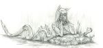  2023 anthro arm_support baron_engel bone breast_squish breasts female graphite_(artwork) hair hi_res kelpie looking_at_viewer mammal monochrome nude pencil_(artwork) severed_hand smile solo squish traditional_media_(artwork) water wet 