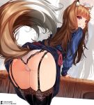  1girl animal_ear_fluff animal_ears arm_support ass ass_focus black_thighhighs blue_dress brown_hair clenched_teeth clothes_lift dress dress_lift garter_straps grin highres holo lace-trimmed_panties lace-trimmed_thighhighs lace_trim leaning_forward likunea long_hair long_sleeves looking_at_viewer looking_back panties patreon_username red_eyes smile solo spice_and_wolf tail teeth thighhighs twitter_username underwear white_panties wolf_ears wolf_girl wolf_tail 