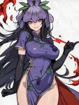  1girl ai-generated black_gloves black_hair china_dress chinese_clothes commentary_request covered_eyes dress elbow_gloves flower flower_on_head food_print fruit_print gloves grape_print grin highres long_hair mandarin_collar pelvic_curtain purple_dress purple_eyes purple_flower short_sleeves side_slit sidelocks smile solo touhou unfinished_dream_of_all_living_ghost very_long_hair vine_print yomotsu_hisami 